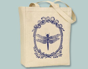 Vintage Dragonfly in Ornate Frame Canvas Tote - Image in ANY COLOR