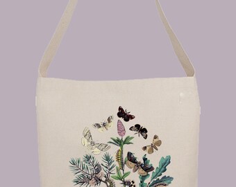 Vintage Bohemian Moths illustration   - Hobo Sling Tote, 14.5x14x3, Crossbody Strap, Magnetic Closure, Inside pocket