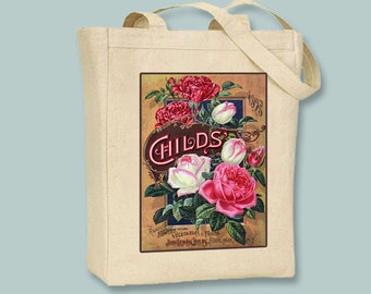 Floral Vintage Ad for Child's Flowers, Fruit and Vegetables Natural or Black Canvas Tote  - Selection of sizes and personalziation available