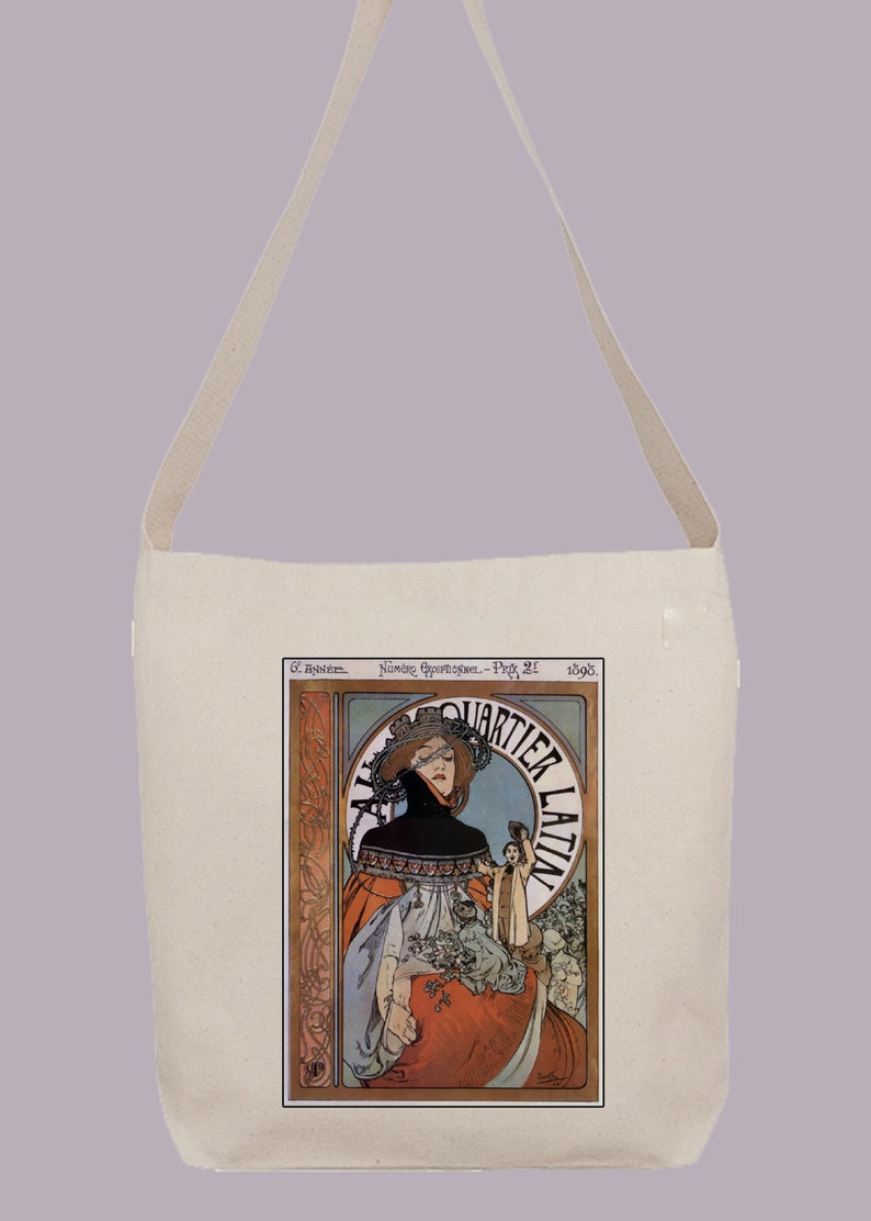 14.5x14x3 Inside pocket Quarter Latin Cover Illustration Hobo Sling Tote Mucha Magnetic Closure Crossbody Strap