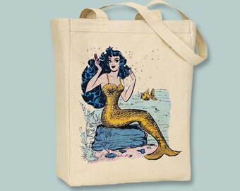 Fun 50s Graphic Mermaid canvas tote -- selection of sizes