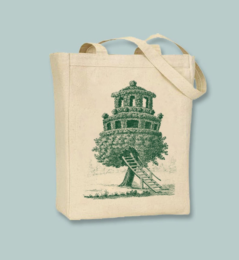 Magical Vintage Treehouse Illustration IN ANY COLOR Canvas Tote Selection of sizes available