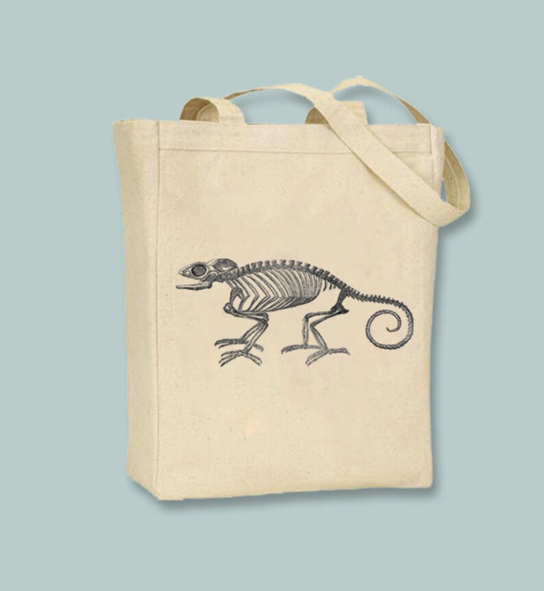 Image in ANY COLOR Selection of sizes available Chameleon Skeleton Vintage Illustration Canvas Tote