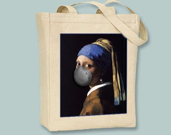 Girl with the Pearl Earring Co-Vid 19 BLACK or NATURAL Canvas Tote - Selection of Sizes Available