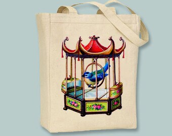 Vintage Blue Bird in Asian Style Cage Canvas Tote -- Selection of sizes available