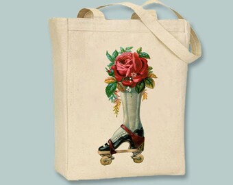 Steampunk Rollerskate with Roses Vintage lllustration Canvas Tote - Selection of  sizes available