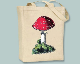 Vintage Red Mushroom llustration on Canvas Tote  - Selection of sizes colors available