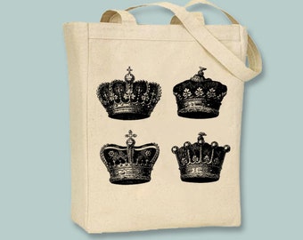 Beautiful Vintage Crowns Illustration Canvas Tote - Selection of sizes available, ANY IMAGE COLOR
