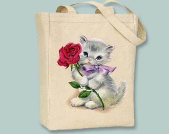Kitty Cat with Rose Vintage Illustration Tote, Mother's Day, Birthday, Gift, Canvas Tote - Selection of Sizes Available