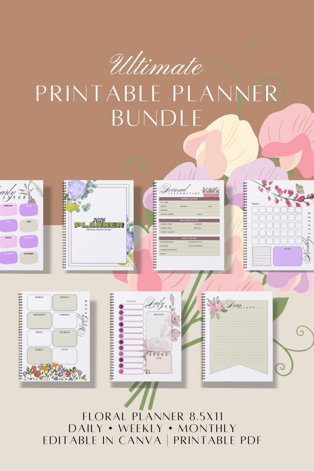 Floral Planner Printable | Daily, Weekly, Monthly (canva Template) - Etsy