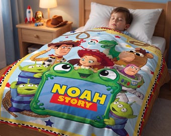 Toy Story Personalized Blanket, Custom Name Woody Buzz Lightyear Blanket, Kids Fleece Throw, Toddler Boy Birthday Gift, Nursery Decor