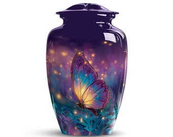 May include: A dark purple urn featuring a butterfly design. The butterfly's wings are blue, purple, and yellow. The background has a bokeh effect with yellow and orange lights. The urn has a lid.