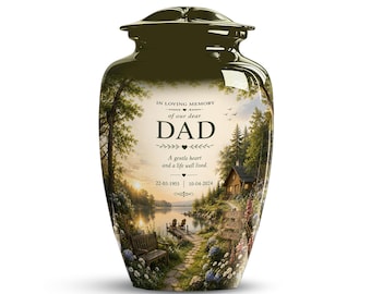May include: A dark green cremation urn featuring a glossy finish and a scenic wrap-around print of a lakeside cabin, a wooden bench, and a stone path. The text reads: IN LOVING MEMORY of our dear DAD, A gentle heart and a life well lived. 22-03-1955 | 10-04-2024.