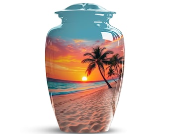 May include: A glossy, blue and white cremation urn with a scenic beach sunset design. The urn features a vibrant sunset over a sandy beach with palm trees and ocean waves. The urn is a decorative memorial.