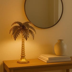 brass palm tree lamp in vintage gold, art deco tropical table lamp