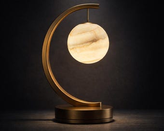 Organic Modern Lamp in Alabaster and Solid Brass Sculptural Table Lamp