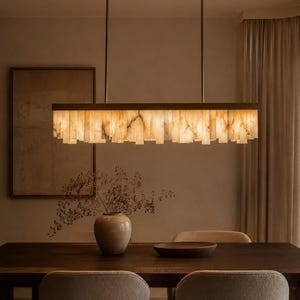 Alabaster Chandelier in Brass, Linear Uplight Pendant, Sleek Stone Fixture