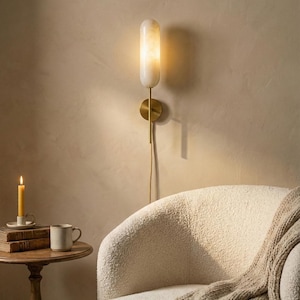 alabaster wall light brass sconce plug in or hardwired capsule light