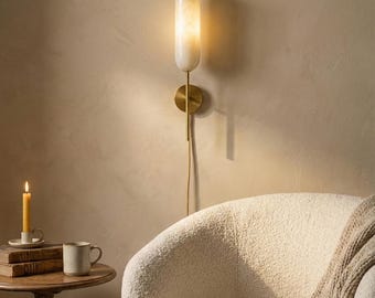 Alabaster Wall Lamp, Bold Brass Sconce, Hardwired, Capsule Design