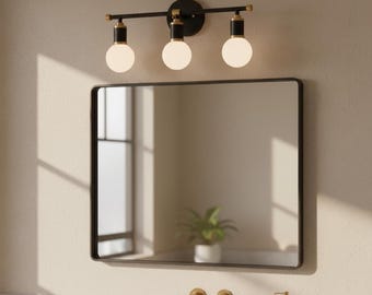 Lámpara de tocador Globe de 3 luces en negro y dorado cepillado, accesorio de baño esmerilado