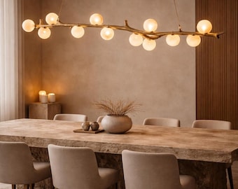 Brass Branch Chandelier, Alabaster Globes, Organic Modern Dining Light, Sculptural Fixture