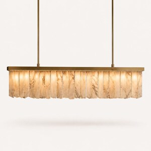 Alabaster chandelier: brass xl linear chandelier with warm alabaster panels, two suspensions; ideal for kitchen island.