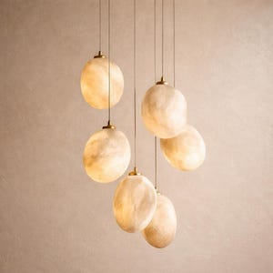 Alabaster Chandelier Pebble Cluster, Brass Uplight Pendant, Organic Stone Fixture