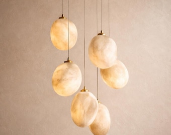 Alabaster Chandelier Pebble Cluster, Brass Stairwell Light, Sculptural Stone Fixture