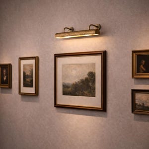 Room view with solid brass picture light over central artwork, wall mounted picture light, refined gallery look