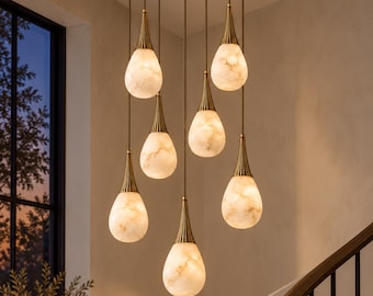 Alabaster Teardrop Chandelier, 7-Light Brass Cascade with Fluted Necks, Custom Hanging Length