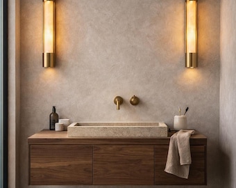 Alabaster Wall Light, Vertical Brass Lamp, Minimal Design