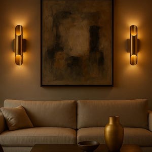 Puede incluir: Escena de salón con dos apliques de pared dorados que flanquean una pintura abstracta enmarcada. Un sofá beige, una mesa de centro de madera oscura y un jarrón dorado completan la decoración. Los apliques tienen un diseño cilíndrico.