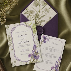 May include: Wedding invitation suite featuring floral illustrations. The suite includes an invitation card, details card, and a purple envelope with a floral pattern. The invitation text reads "Emily and Joshua" and the date "22 July 2026".
