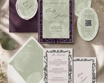 Vintage Elegante Hochzeitseinladung, Salbei Grün, Pflaume Floral (Digitaler Download)