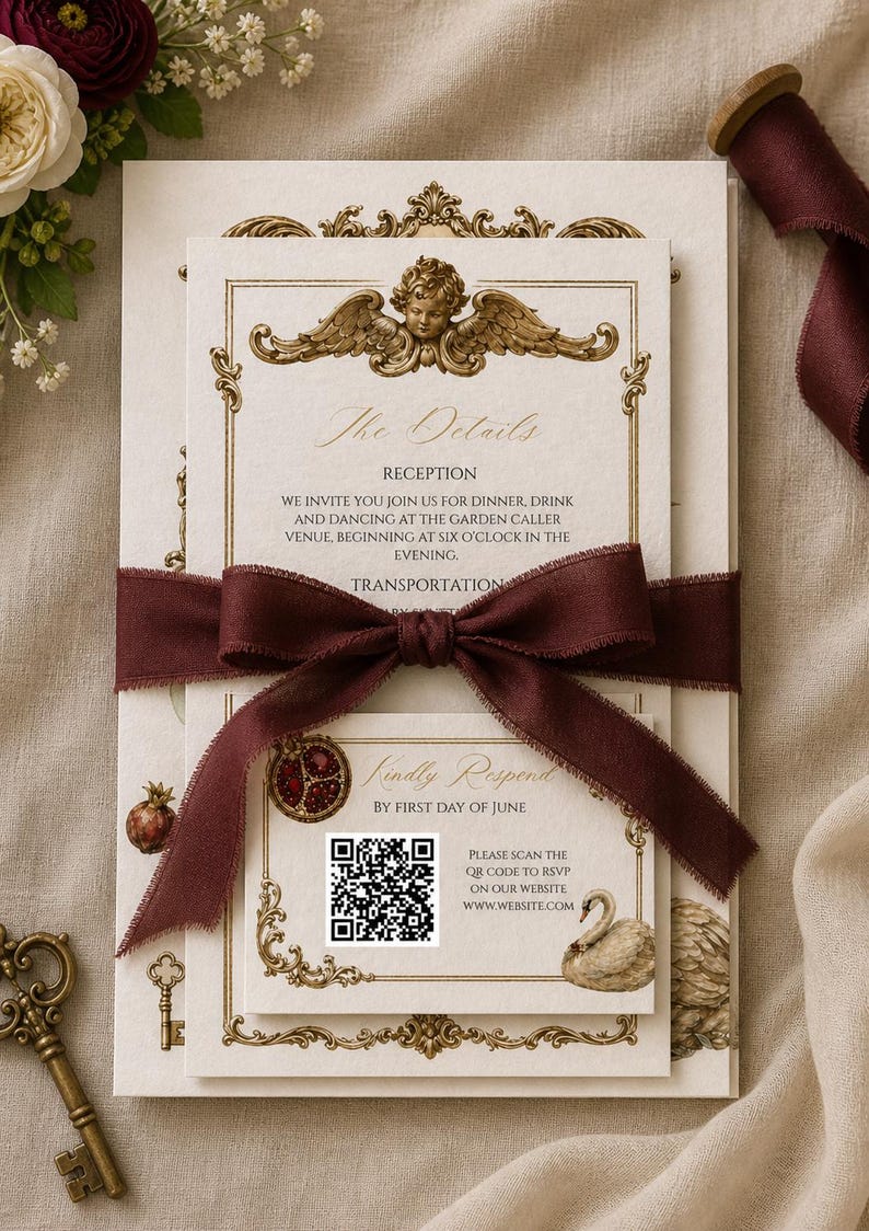 K&ouml;nnte beinhalten: Elegante Hochzeitseinladung mit goldenen Verzierungen und einem weinroten Band. Die Einladung enth&auml;lt den Text "The Details" und "Kindly Respond". Ein QR-Code ist f&uuml;r die RSVP enthalten.