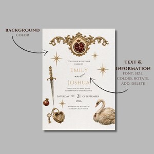 K&ouml;nnte beinhalten: Hochzeitseinladungsvorlage mit goldenen Verzierungen, die die Namen "Emily und Joshua" und Veranstaltungsdetails zeigt. Enth&auml;lt einen dekorativen Granatapfel, Sterne, ein Schwert, einen Schl&uuml;ssel und einen Schwan. Der Text lautet "EDITAGBLE CANVA TEMPLATE".