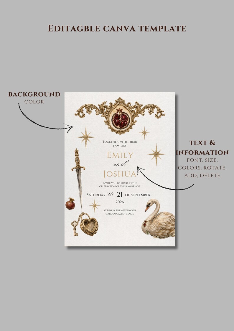 K&ouml;nnte beinhalten: Hochzeitseinladungsvorlage mit goldenen Verzierungen, die die Namen "Emily und Joshua" und Veranstaltungsdetails zeigt. Enth&auml;lt einen dekorativen Granatapfel, Sterne, ein Schwert, einen Schl&uuml;ssel und einen Schwan. Der Text lautet "EDITAGBLE CANVA TEMPLATE".