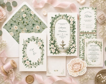 Bearbeitbare Blumenhochzeitskarte, Vintage Garden Rose Design (Digitaler Download)