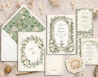 Editable Floral Wedding Invitation Suite, Vintage Garden Rose Design (Digital Download)