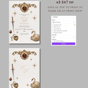 K&ouml;nnte beinhalten: Hochzeitseinladungsdesign mit verzierten goldenen Verzierungen, mit den Namen "Emily und Joshua" und dem Datum "21. September 2026". Das Design beinhaltet eine Schwanillustration, ein Schwert und einen Schl&uuml;ssel. Der Text "A5 5x7 in" ist sichtbar.