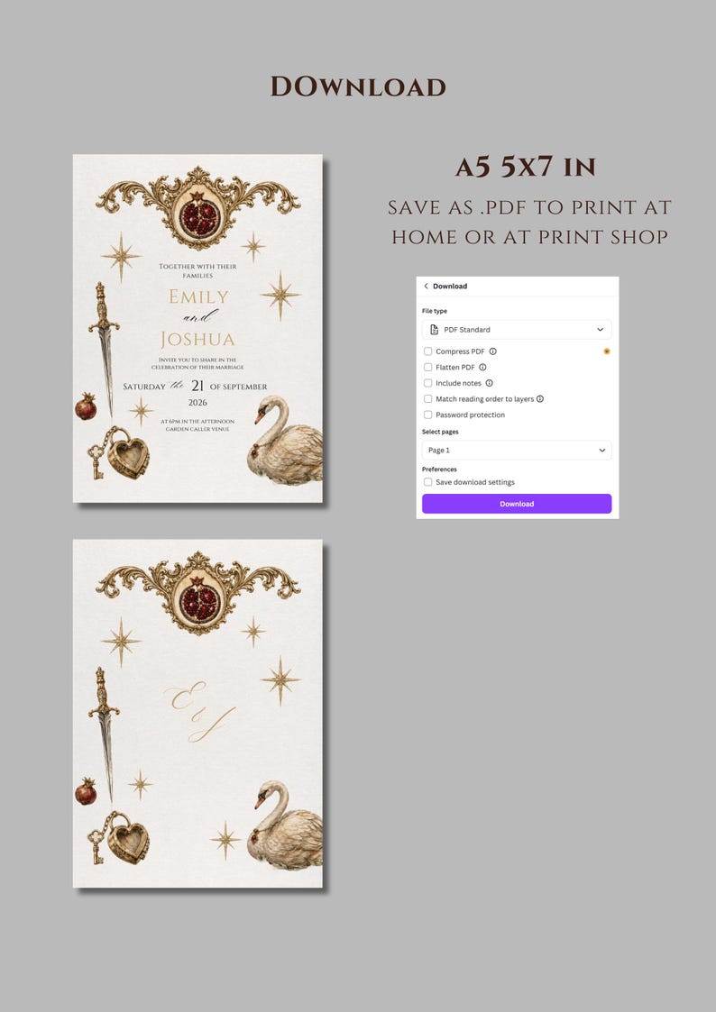 K&ouml;nnte beinhalten: Hochzeitseinladungsdesign mit verzierten goldenen Verzierungen, mit den Namen "Emily und Joshua" und dem Datum "21. September 2026". Das Design beinhaltet eine Schwanillustration, ein Schwert und einen Schl&uuml;ssel. Der Text "A5 5x7 in" ist sichtbar.