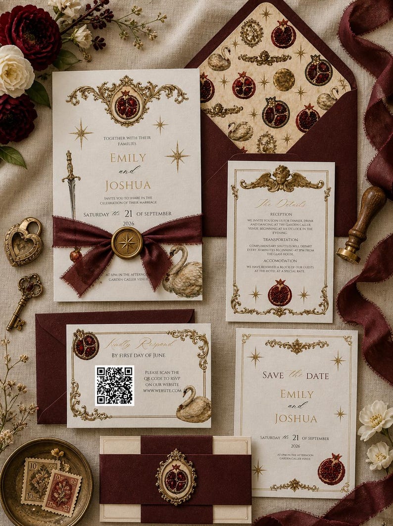 K&ouml;nnte beinhalten: Elegante Hochzeitseinladungs-Suite mit bordeauxrotem und goldenem Farbschema. Die Einladung zeigt verzierte Details, ein Granatapfelmotiv, Sternakzente und die Namen "Emily und Joshua". Enth&auml;lt RSVP-, Detail- und Save-the-Date-Karten.