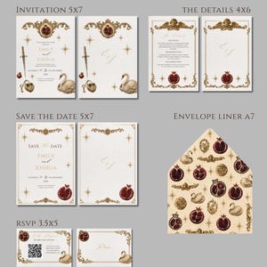K&ouml;nnte beinhalten: Eine Sammlung von Hochzeitspapeterie mit Vintage-Design. Enth&auml;lt Einladungskarten, Save-the-Date-Karten, Detailkarten, einen Umschlagliner und RSVP-Karten. Das Design zeigt goldene Akzente, Granat&auml;pfel, Schw&auml;ne und die Namen "Emily" und "Joshua".
