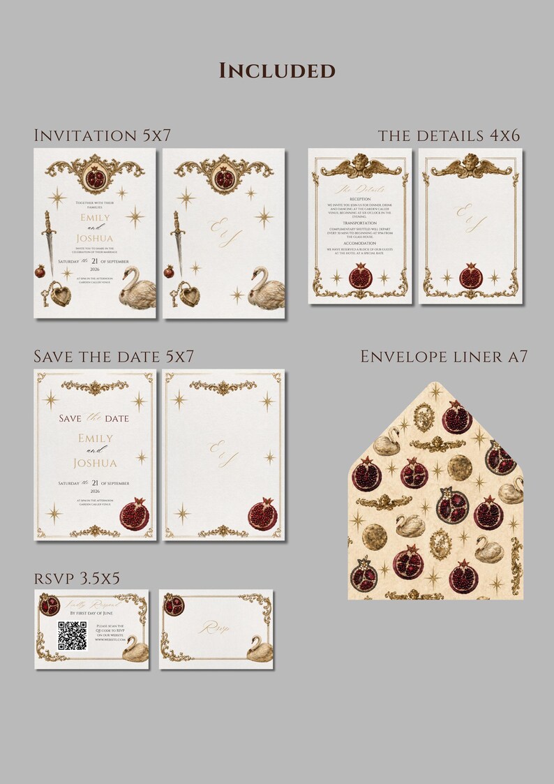K&ouml;nnte beinhalten: Eine Sammlung von Hochzeitspapeterie mit Vintage-Design. Enth&auml;lt Einladungskarten, Save-the-Date-Karten, Detailkarten, einen Umschlagliner und RSVP-Karten. Das Design zeigt goldene Akzente, Granat&auml;pfel, Schw&auml;ne und die Namen "Emily" und "Joshua".