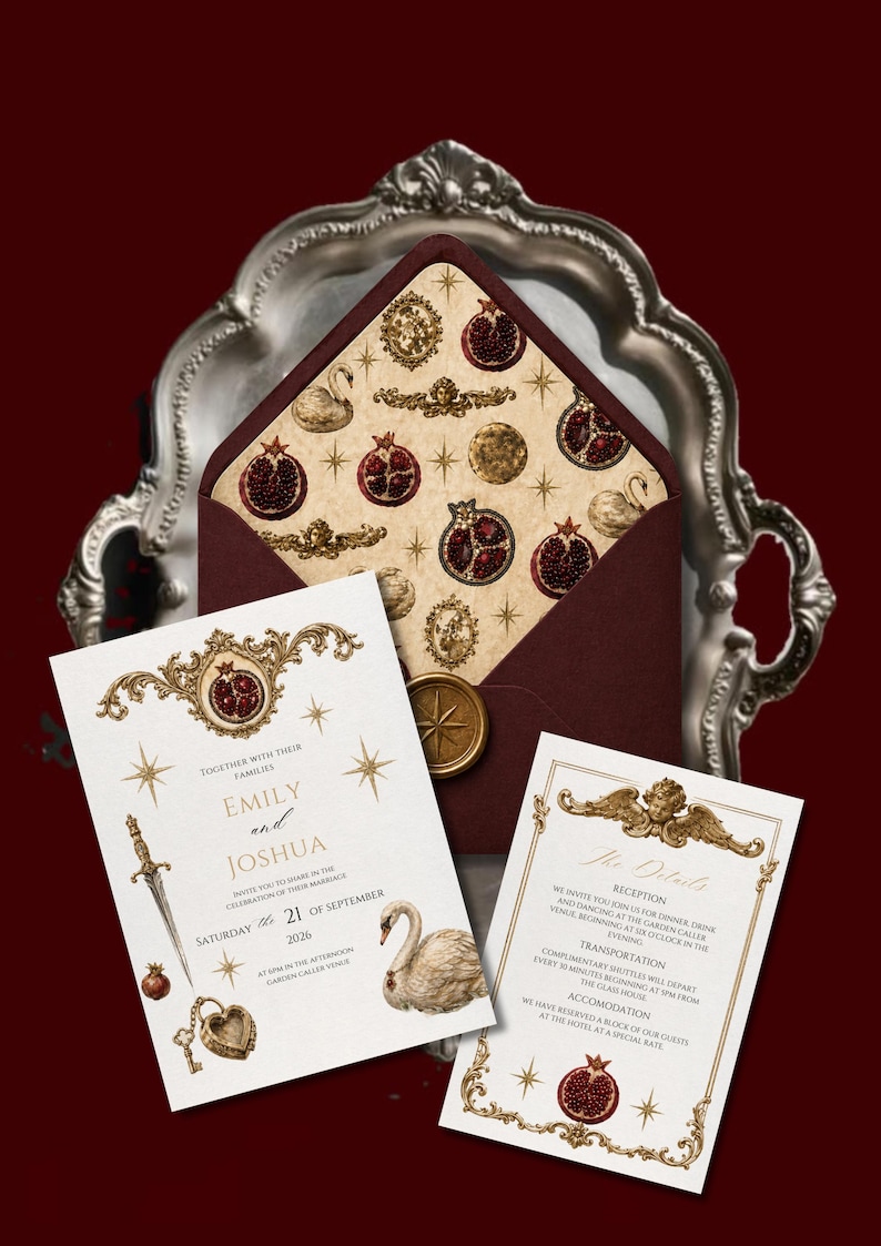 K&ouml;nnte beinhalten: Elegante Hochzeitseinladung mit burgunderfarbenem Umschlag und goldenen Verzierungen. Das Design umfasst Granat&auml;pfel, Schw&auml;ne und die Namen "Emily und Joshua". Die Einladungskarten enthalten das Datum: Samstag, 21. September 2026.