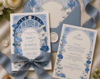 Blaues Blumenhochzeitseinladungs-Set, Vintage Arch Botanische Reihe, bearbeitbare Canva-Vorlage, Antwortkarten-Detail-Menükarten