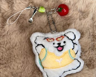 Happy White Bichon Frise Tomato Plush Doll Dog Puppy Keychain Cute Kawaii Bag Charm Soft Backpack Handbag Accessory Straphone Handmade Y2K