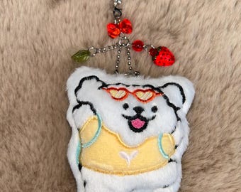 Happy White Bichon Frise Strawberry Plush Dog Puppy Keychain Cute Kawaii Bag Charm Soft Backpack Handbag Accessory Straphone Handmade Y2K