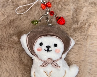 White Poodle Strawberry Plush Toy Doll Dog Puppy Keychain Cute Kawaii Bag Charm Soft Backpack Handbag Accessory Straphone Handmade Y2K