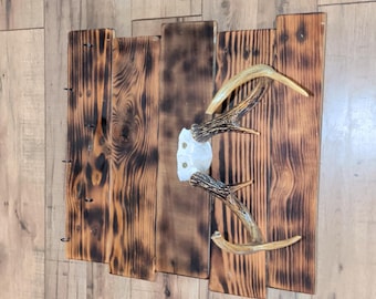 Real Deer Antler Wall Rack | Torched Wood 8 Hook Coat Holder | Rustic Cabin Decor